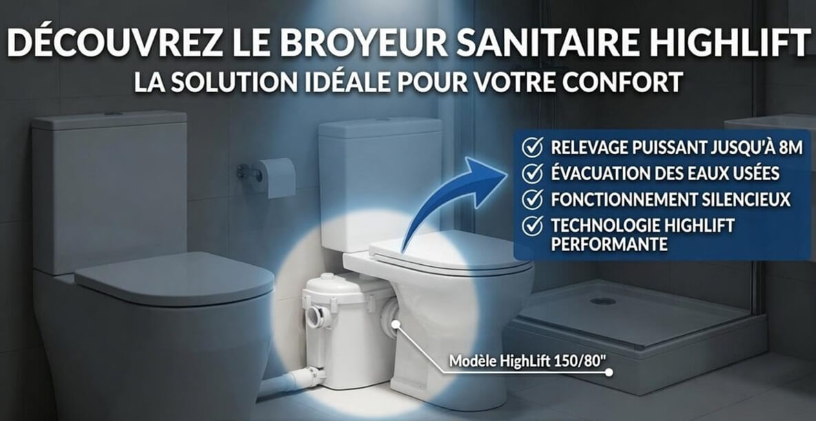 Pompe Broyeur Sanitaire Silencieux HighLift DISTRELMA Solution Haut de Gamme Ideale Evacuation Relevage Domestique des Eaux Usées Sanitaires au Sous-Sol