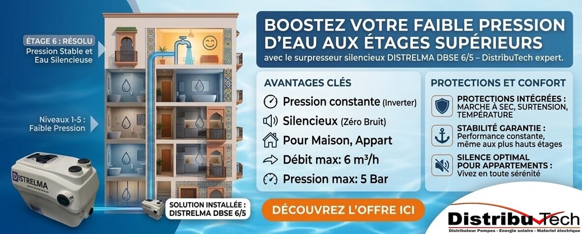 Surpresseur eau silencieux inverter DISTRELMA DBSE 6/5 pour faible pression eau appartement maison Maroc