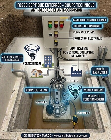 Installation pompe vide cave pour relevage eaux usées chargées fosse septique WC DVS DISTRELMA